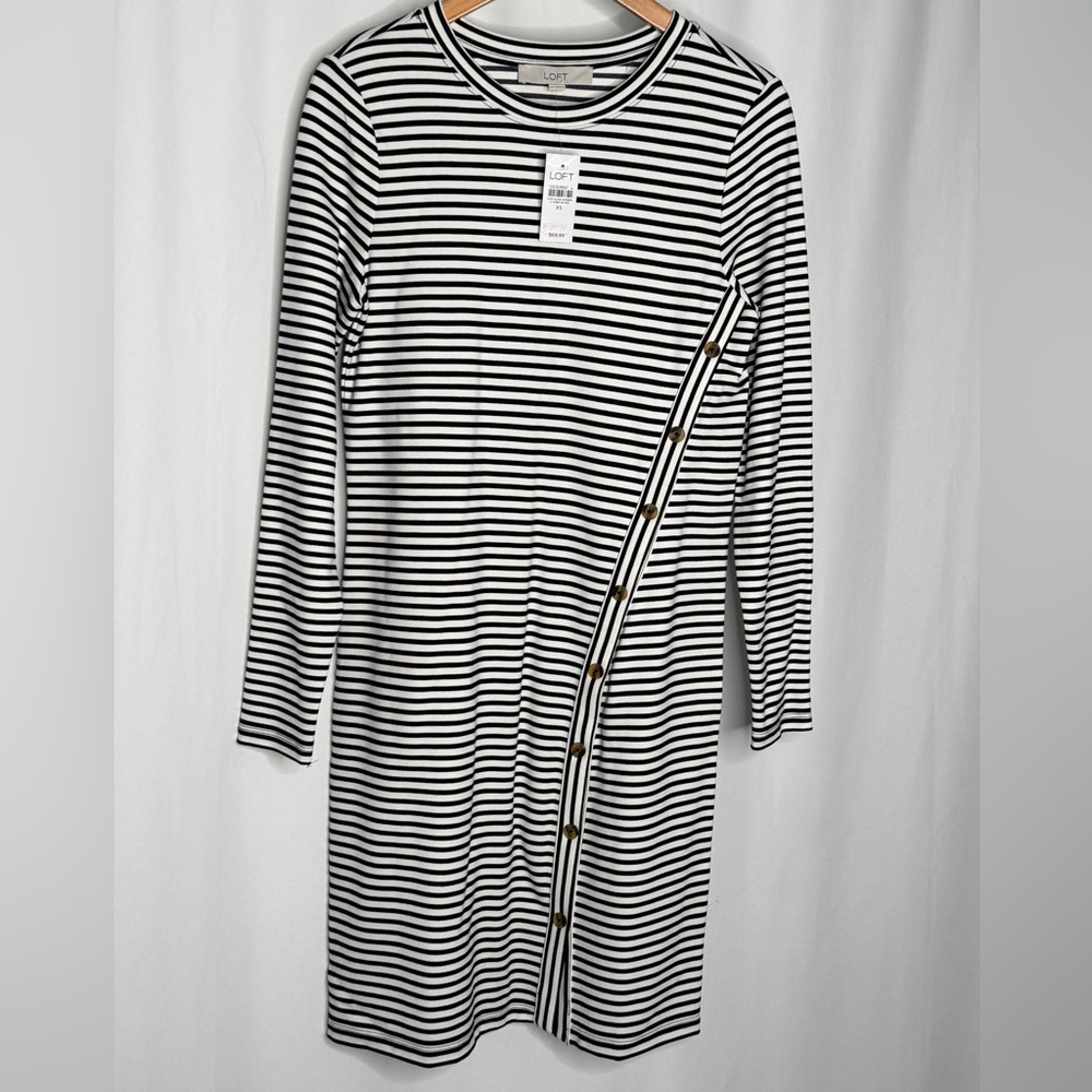 LOFT Black and White Striped Long Sleeve XS Dress w/ Button Accent
